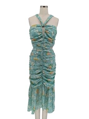 00413 Banjul Floral Ruched Midi Dress Turquoise size Large bohemian wedding
